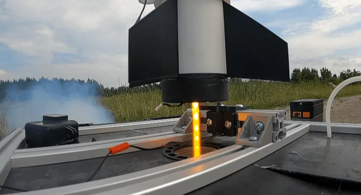 AstroNav rocket lifting off from its launch rail